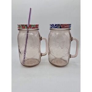 Pioneer Woman 32 Oz Glass Canning Jar Mugs With Lids One Straw Light Pink Floral